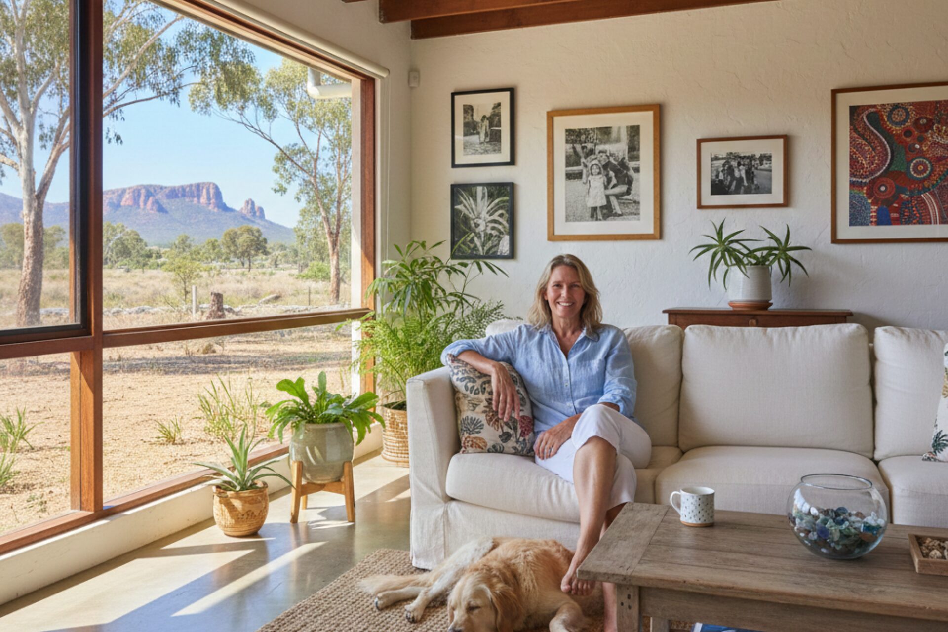 Woman relaxing in sunny living room with dog.
