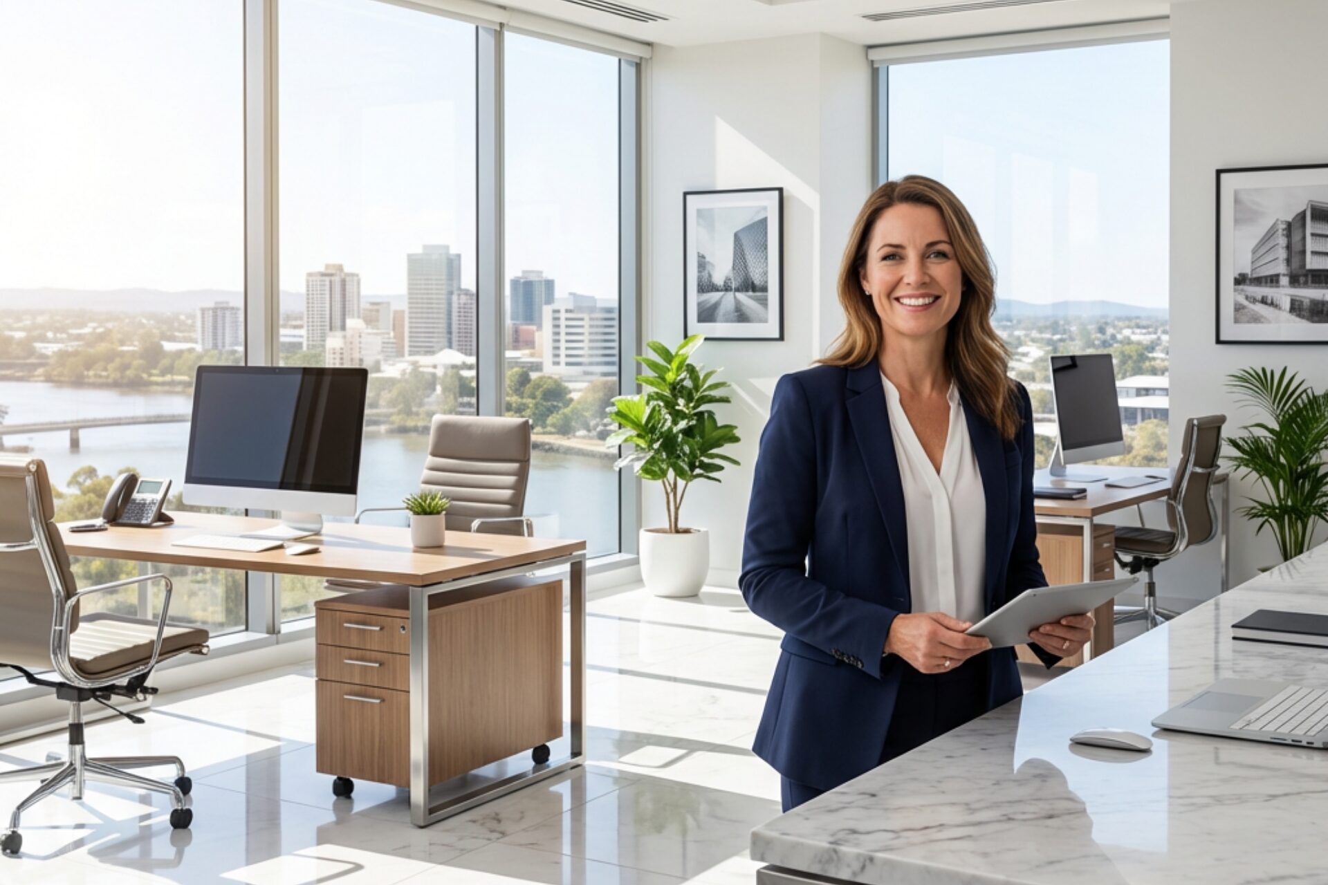Smiling professional woman in modern office with view.