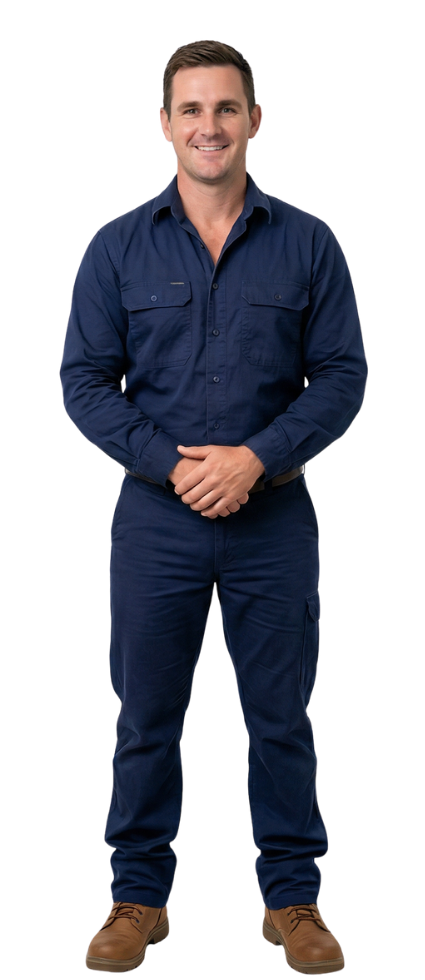 Man in blue work uniform smiling.